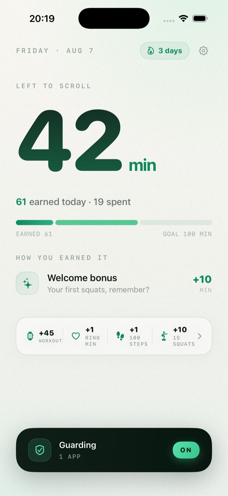 ScrollPass home: 42 minutes left to scroll, earned with real movement
